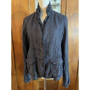 J Crew Blazer Coat Jacket Linen Blend 3 Button Black Womens Large Frayed Collar